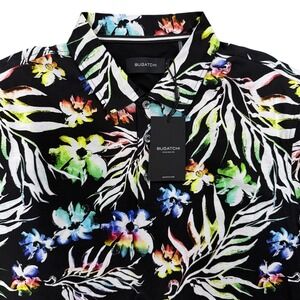 Bugatchi Mens Large Black Tropical Short Sleeve Button Up Camp Shirt NWT